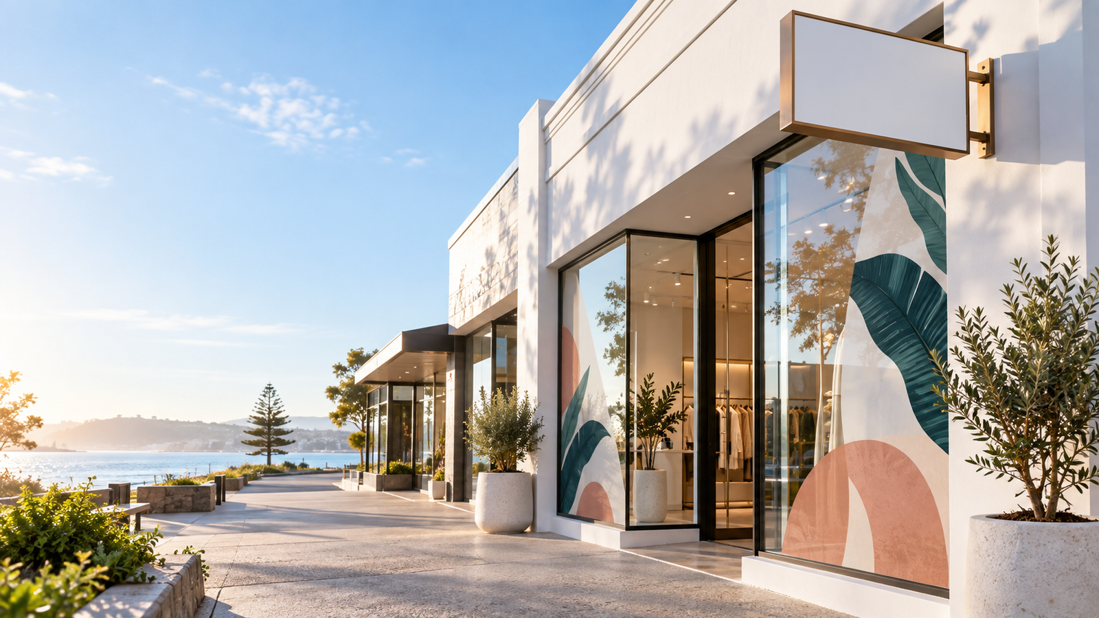 Concept image of a bright retail storefront with window graphics